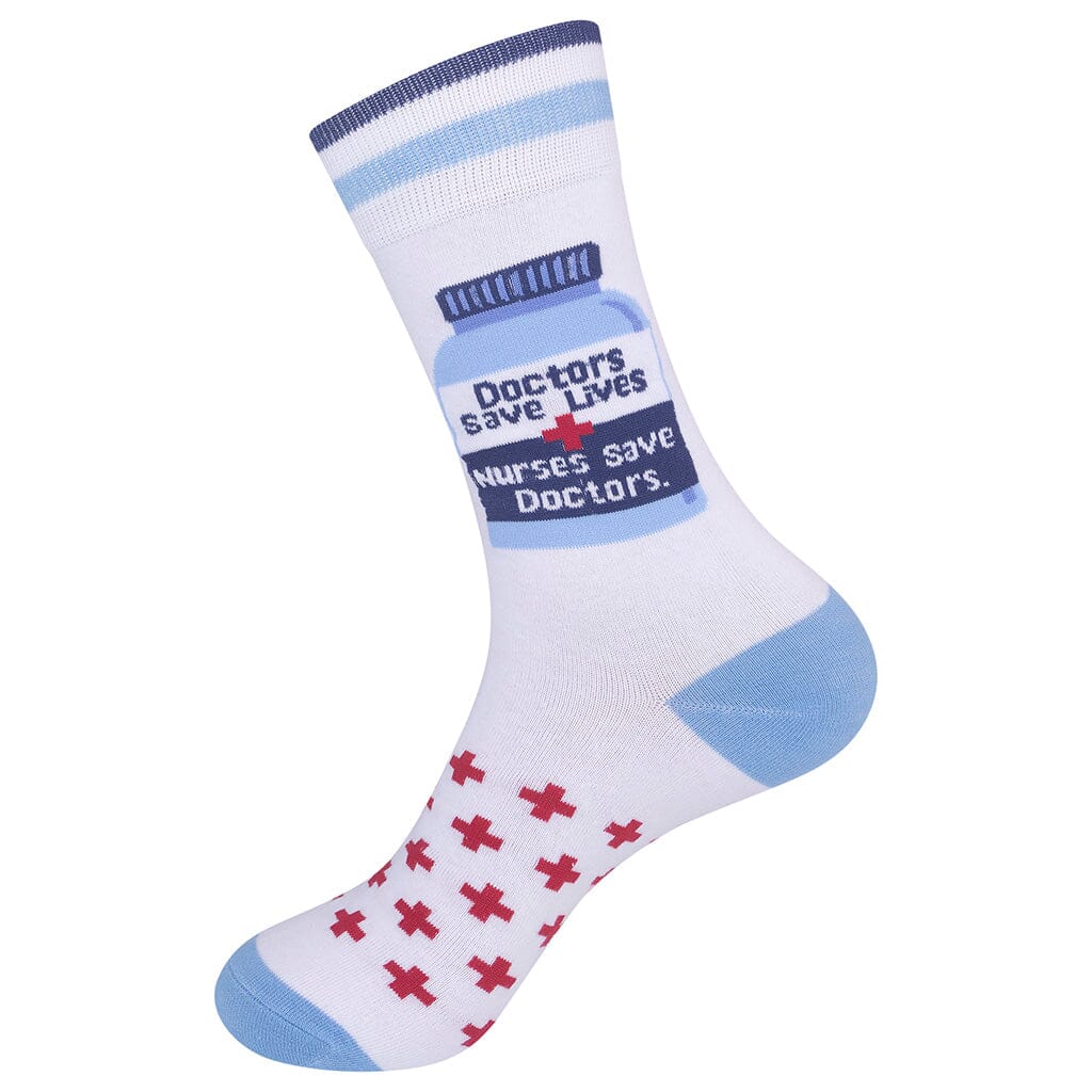 Unisex nurse crew socks flat side view with blue cuff stripes