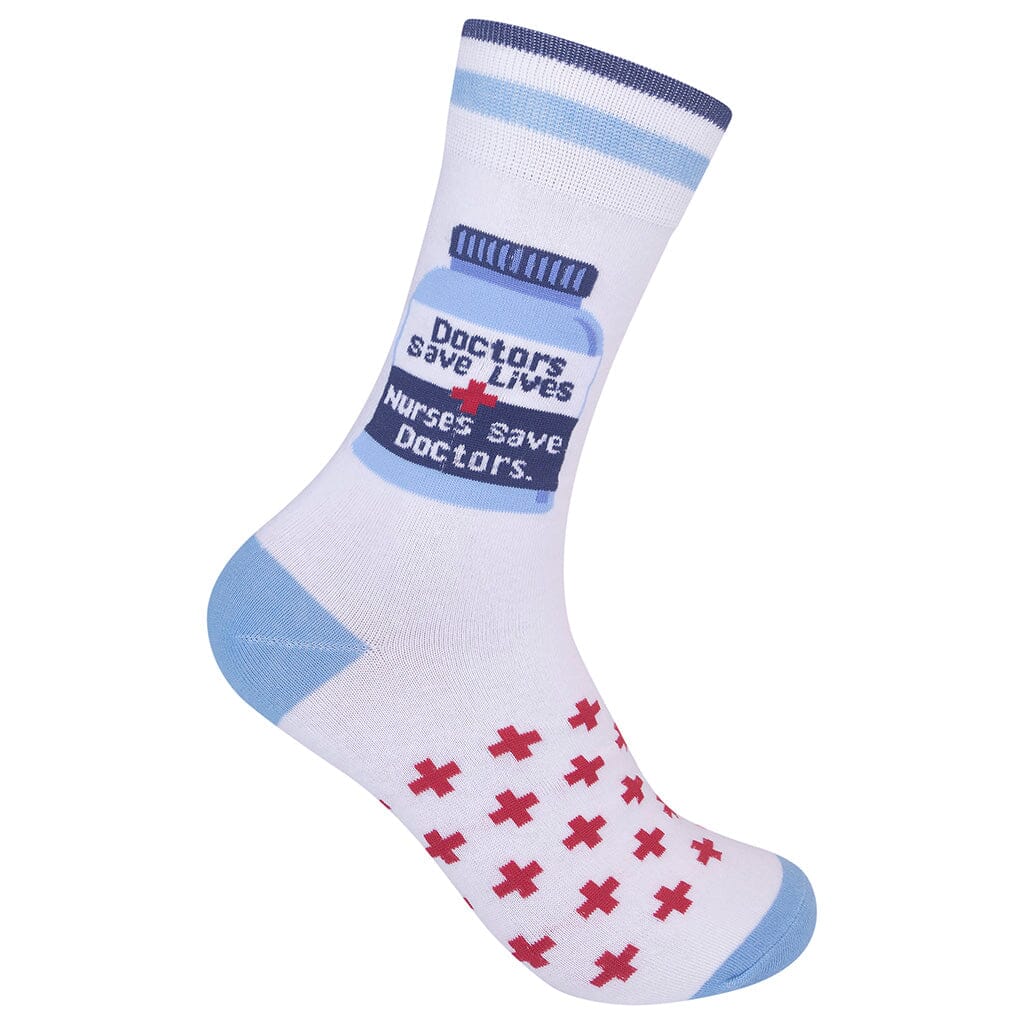 Unisex nurse crew socks laid flat showing pill-bottle slogan on white