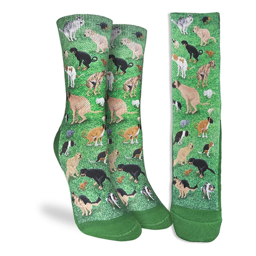 Women's dogs pooping crew socks in green with various dog breeds, flat and side view