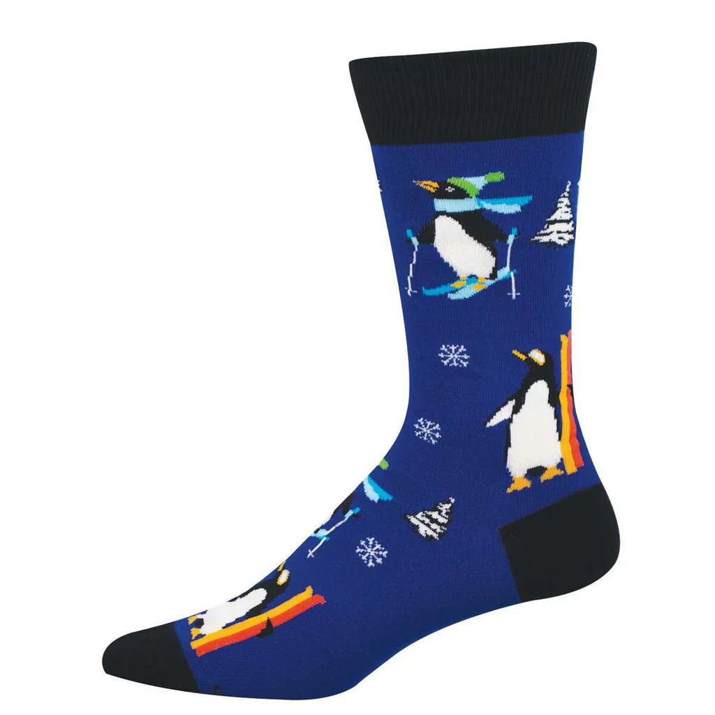 Men's downhill penguins crew socks flat lay in royal blue with skiing penguins and snowflakes