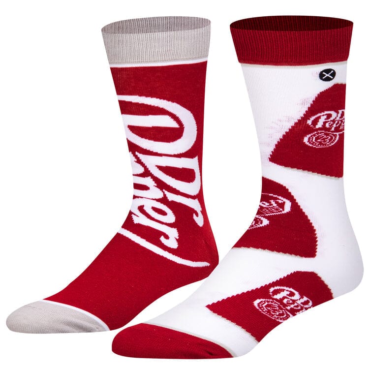 Men's Dr. Pepper split crew socks, flat lay showing mismatched logo and badge legs