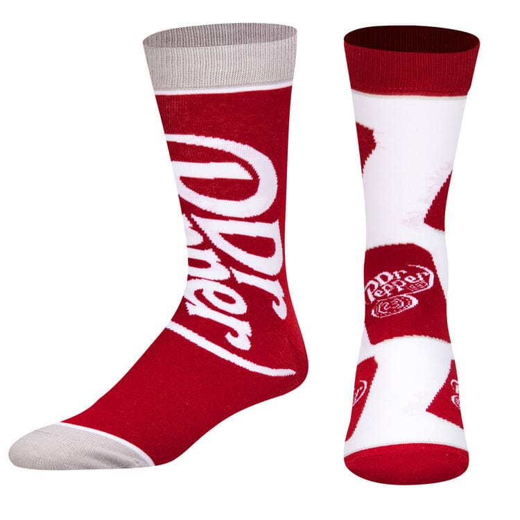 Men's Dr. Pepper split crew socks, flat lay alternate angle of both socks