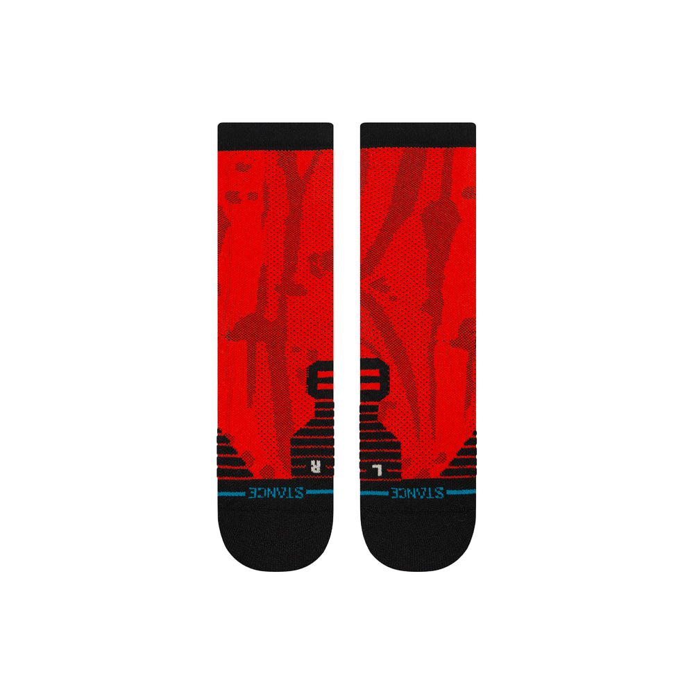 Men's red marbled crew socks, flat back view showing L and R footbeds