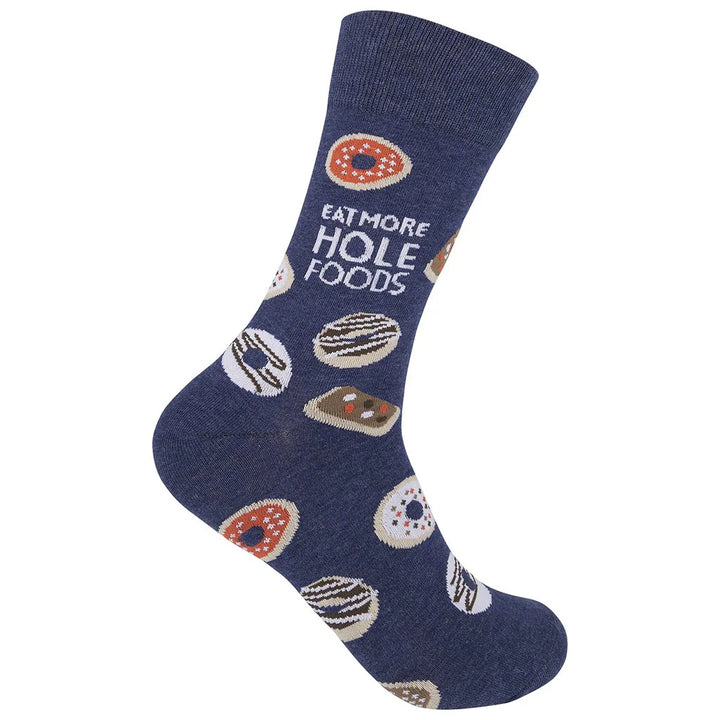 Unisex navy crew sock, flat side view covered in donuts with &