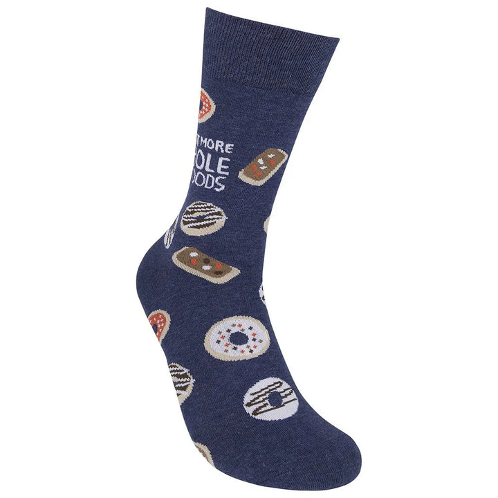 Unisex donut crew sock, flat side view with assorted donut pattern