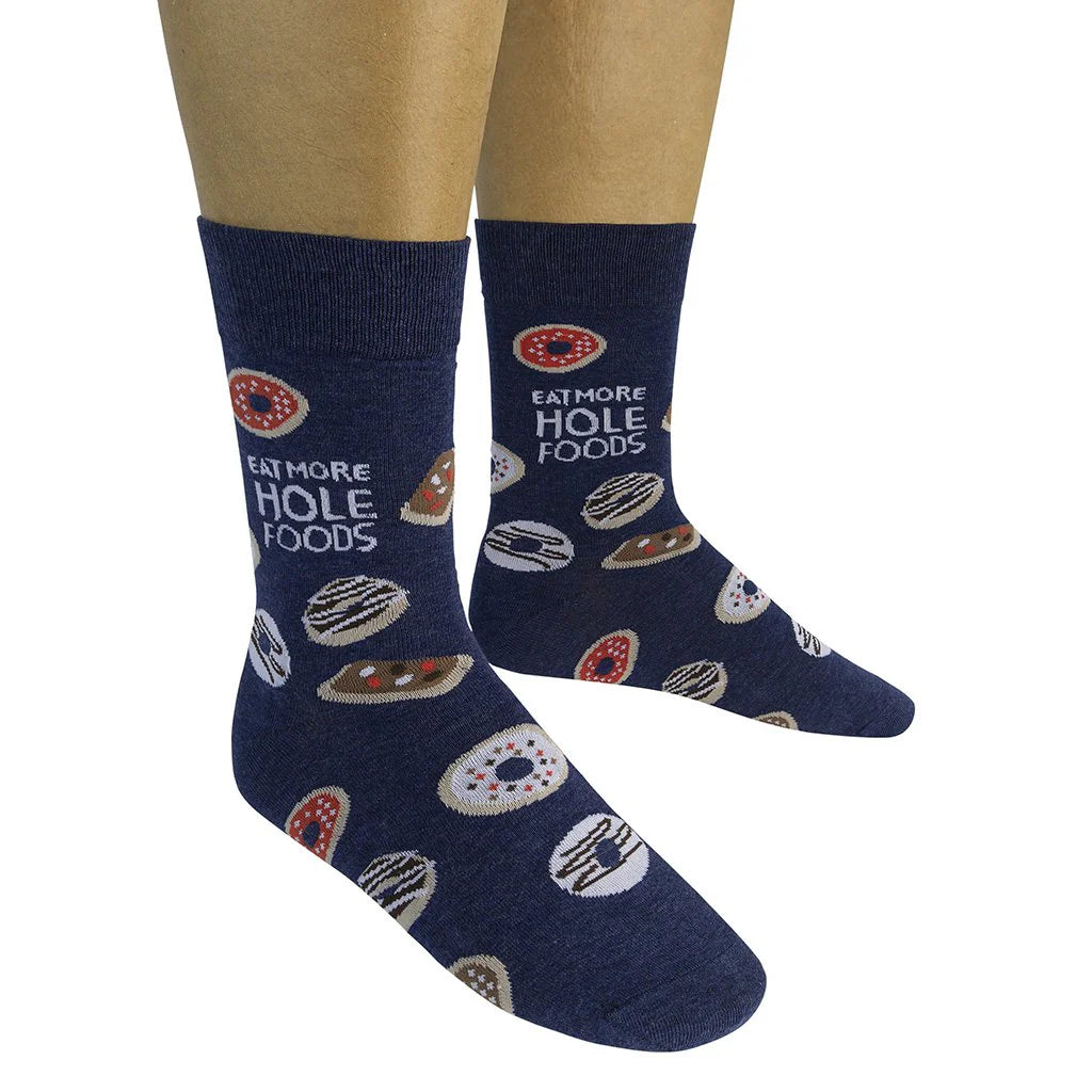 Unisex donut crew socks worn on legs, front view above the ankle
