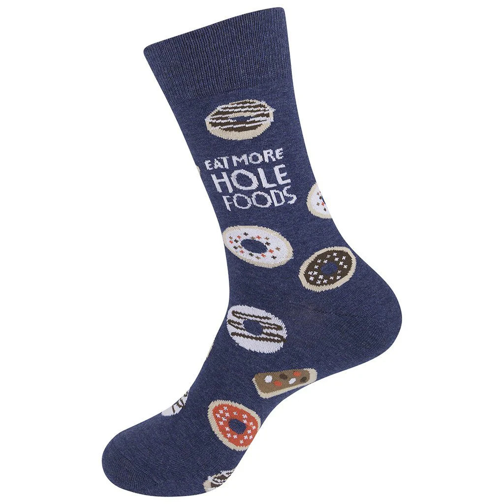 Unisex donut crew sock, flat angled view of the donut pattern