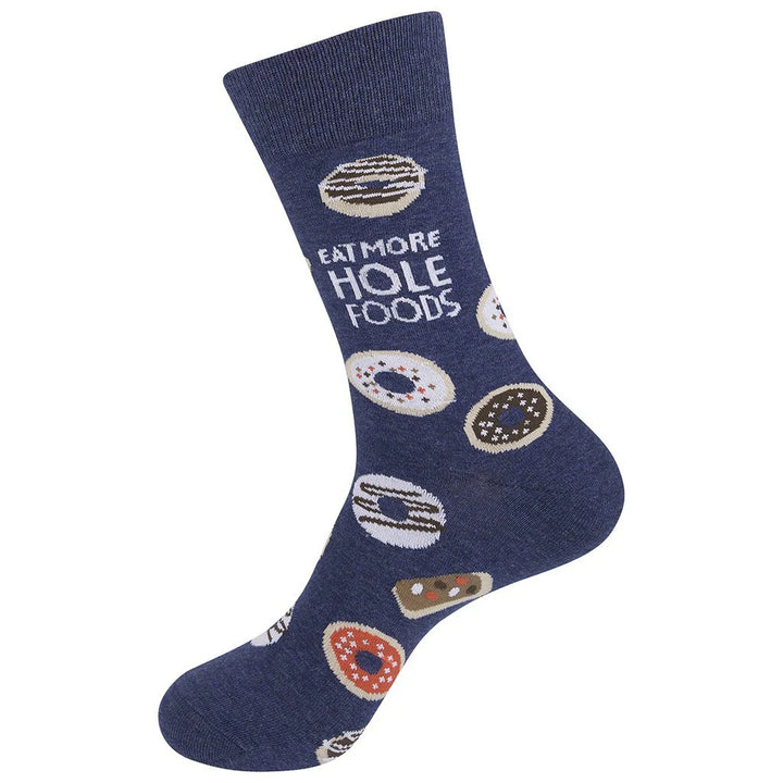 Unisex donut crew sock, flat angled view of the donut pattern