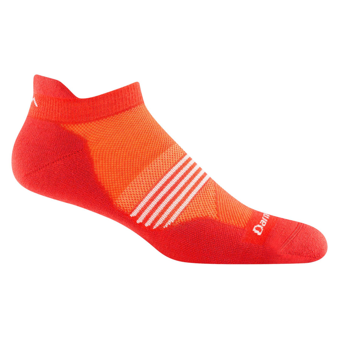 Men's lightweight element no-show tab sock, flat shot, orange-red with white arch stripes
