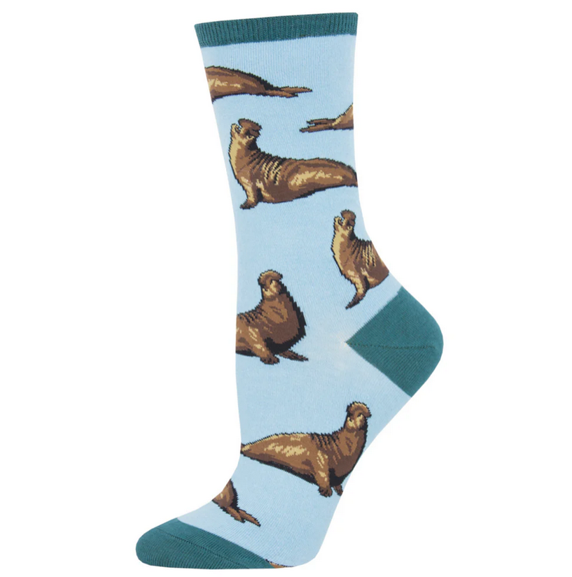 Women's elephant seal crew socks in light blue with brown seals, flat lay single sock