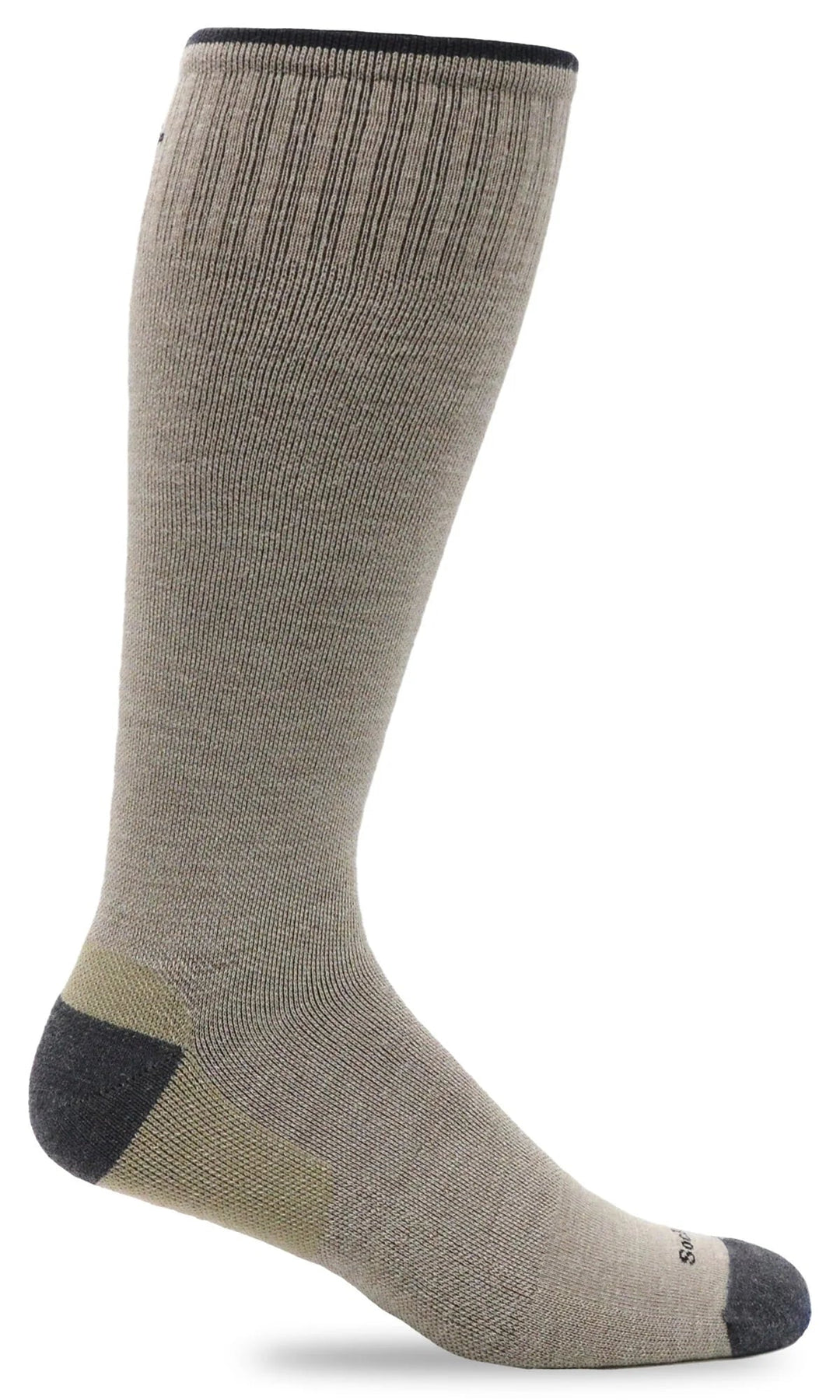 Men's putty firm compression knee high socks, side view showing ribbed knit and charcoal heel