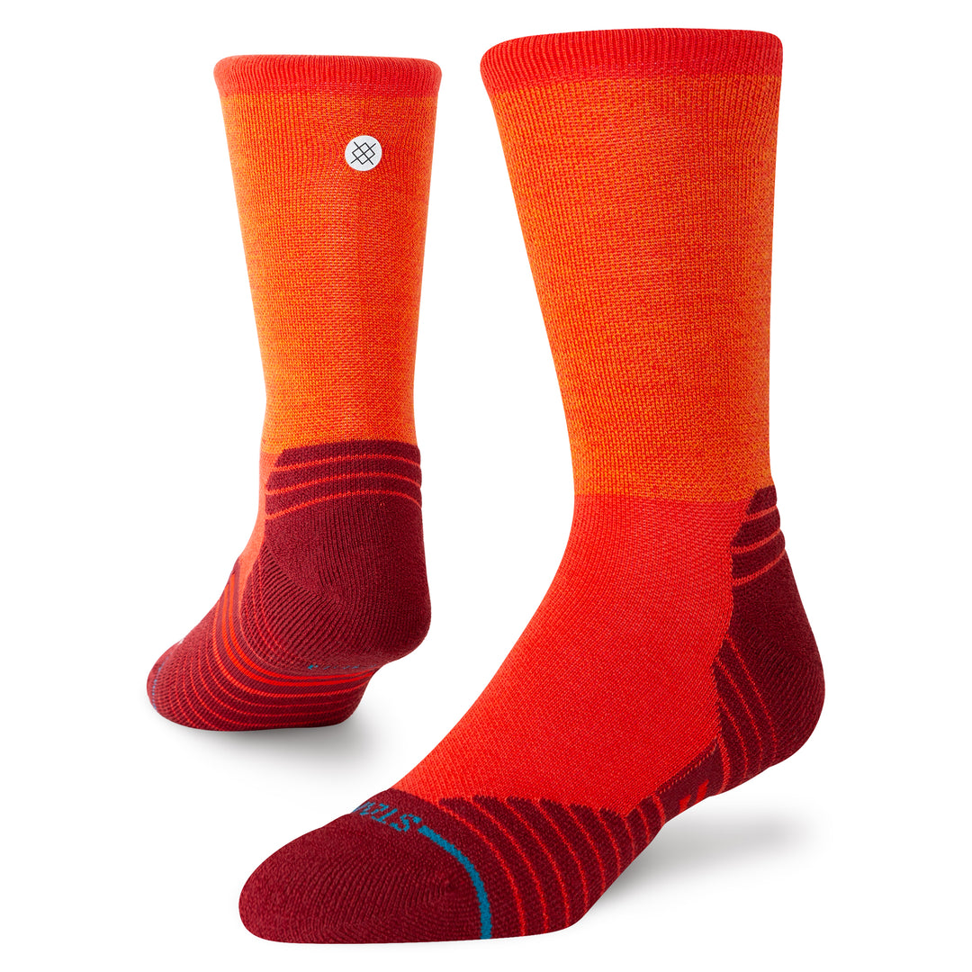 Women's ombre wool crew socks worn view fading orange to red with maroon heel