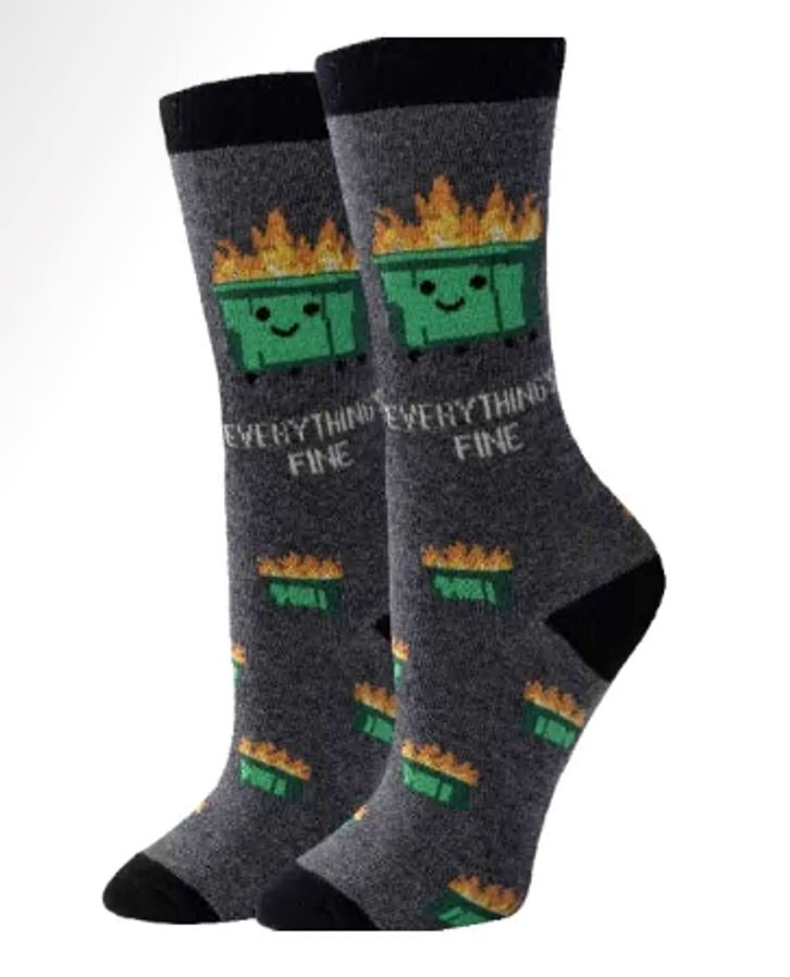 Women's dumpster fire crew socks in heather charcoal, flat lay showing flaming green dumpster and Everything's Fine text