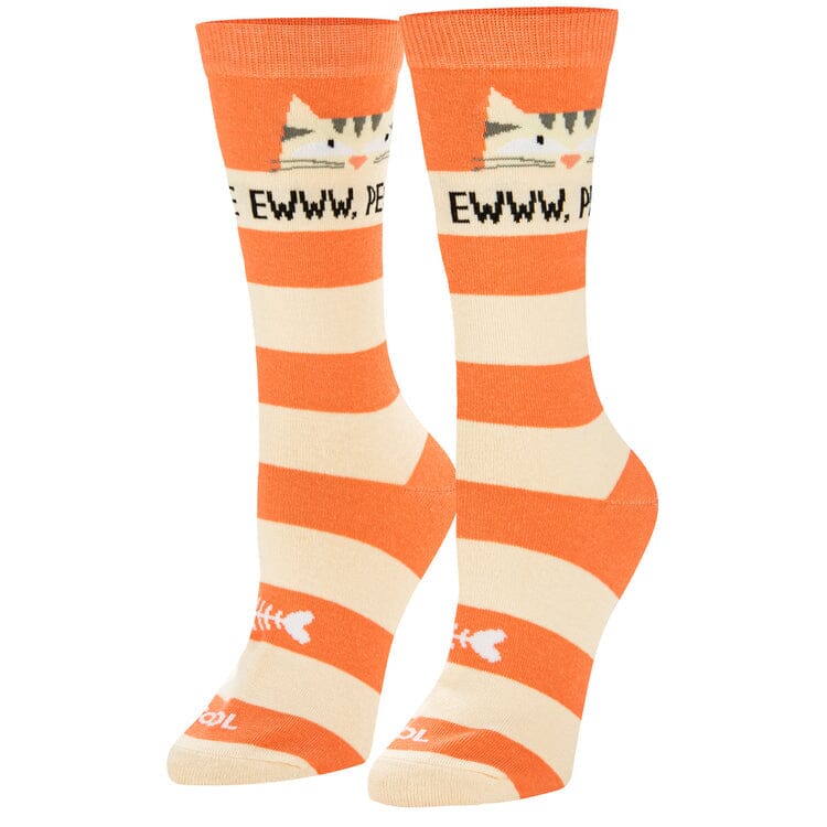 Women's cat crew socks, front view with tabby and 'Ewww people' on orange stripes