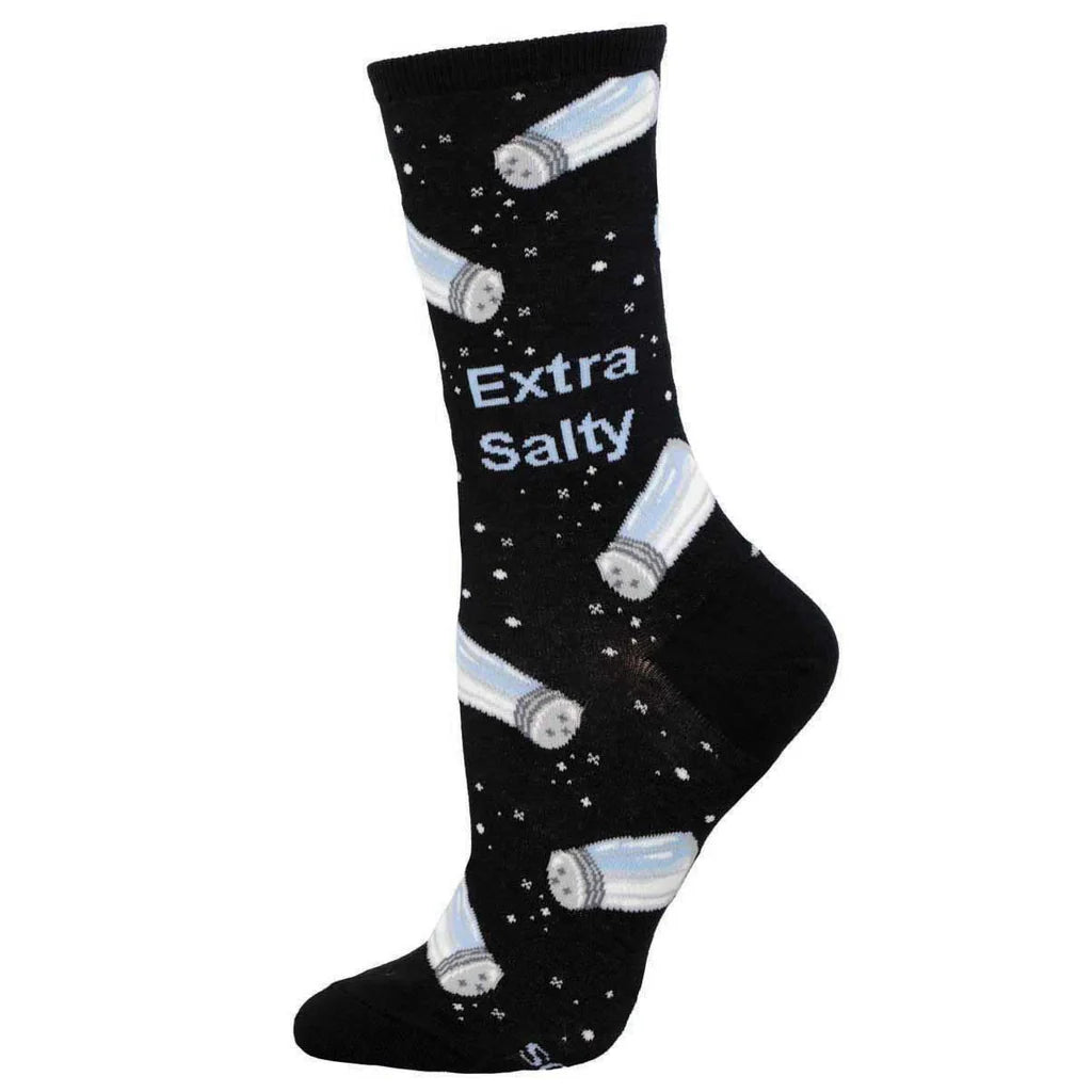 Women's black "Extra Salty" salt shaker crew sock, side flat shot