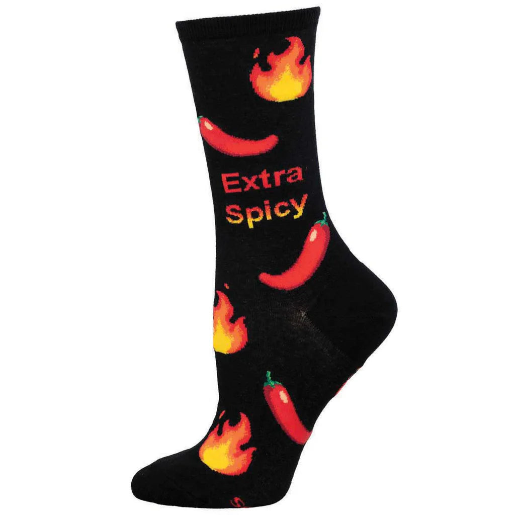 Women's chili pepper and flame crew sock in black, flat product shot