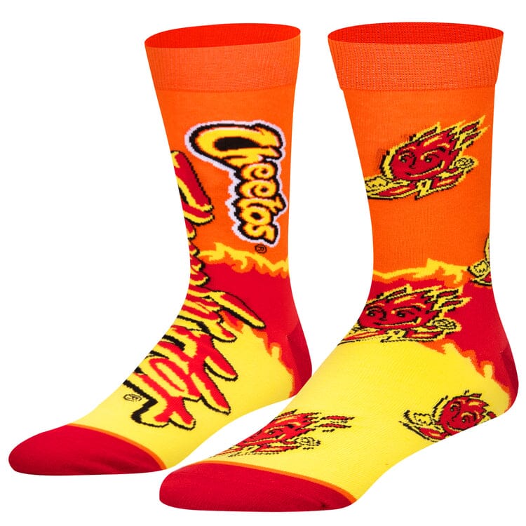 Men's Flamin' Hot Cheetos crew socks, flat lay showing logo and flame mascot