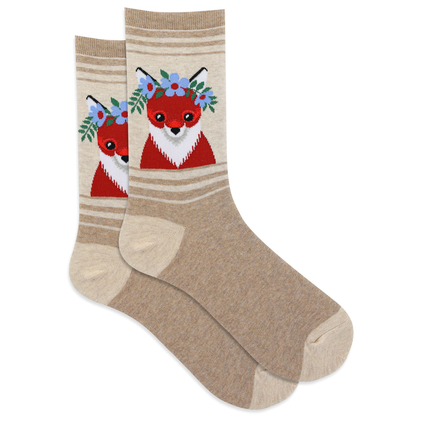 Flower Crown Fox Beige Crew Socks | Women's - Knock Your Socks Off