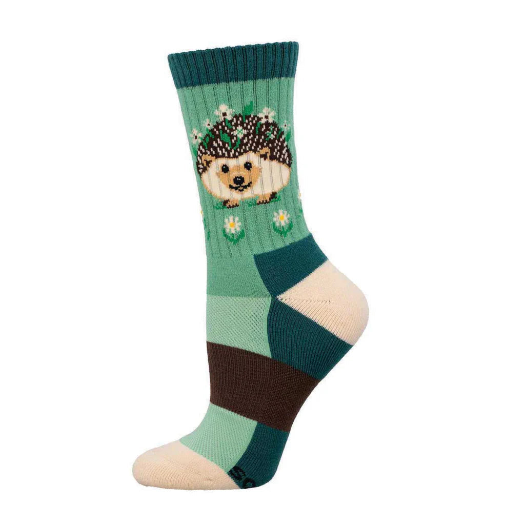 Women's flowery hedgehog crew socks, flat single sock showing hedgehog on green panel