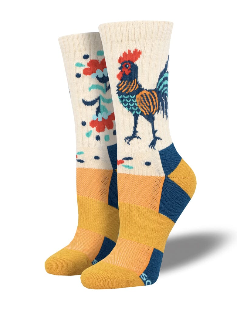 Folk Art Rooster Merino Wool Crew Socks | Women's - Knock Your Socks Off