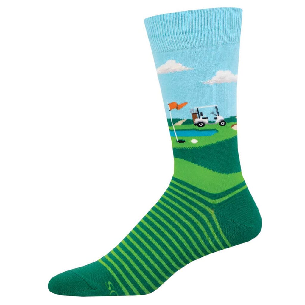 Men's Fore Putt crew socks, flat side view, golf course scene with cart and flag, green stripes below