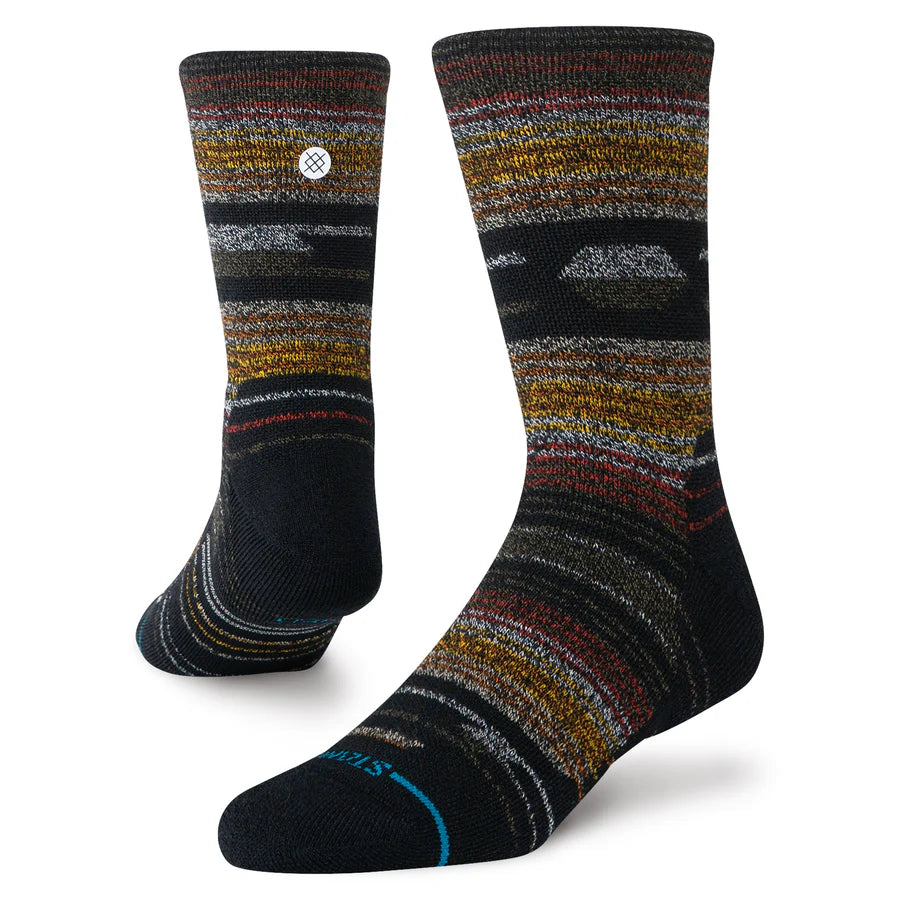 Women's black performance wool crew socks, flat angled view
