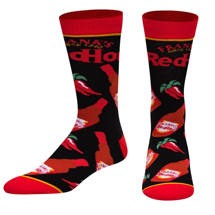 Men's Frank's RedHot crew socks, flat lay alternate angle of both socks