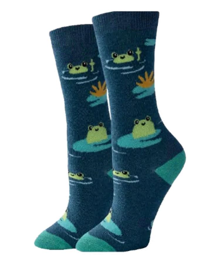 Women's frog crew socks in teal, flat lay showing green frogs on lily pads