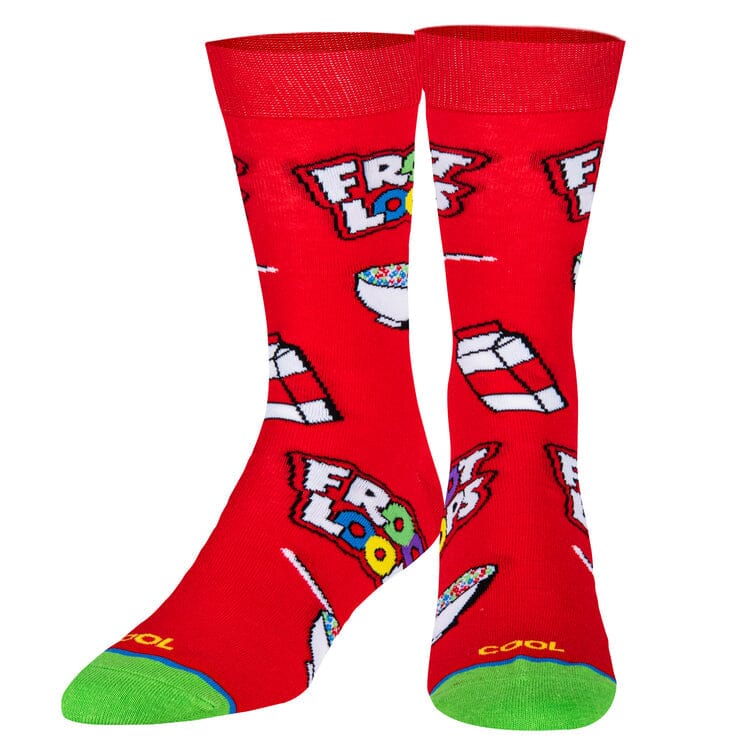 Men's Froot Loops crew socks, angled view showing logo and milk splash
