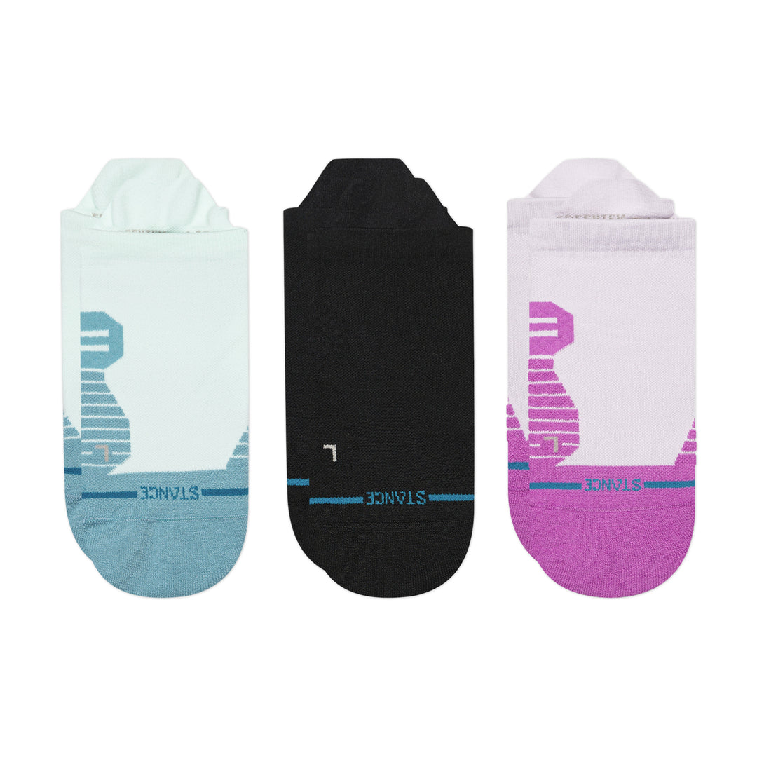 Women's tab ankle socks 3-pack flat lay in mint, black and lilac-magenta