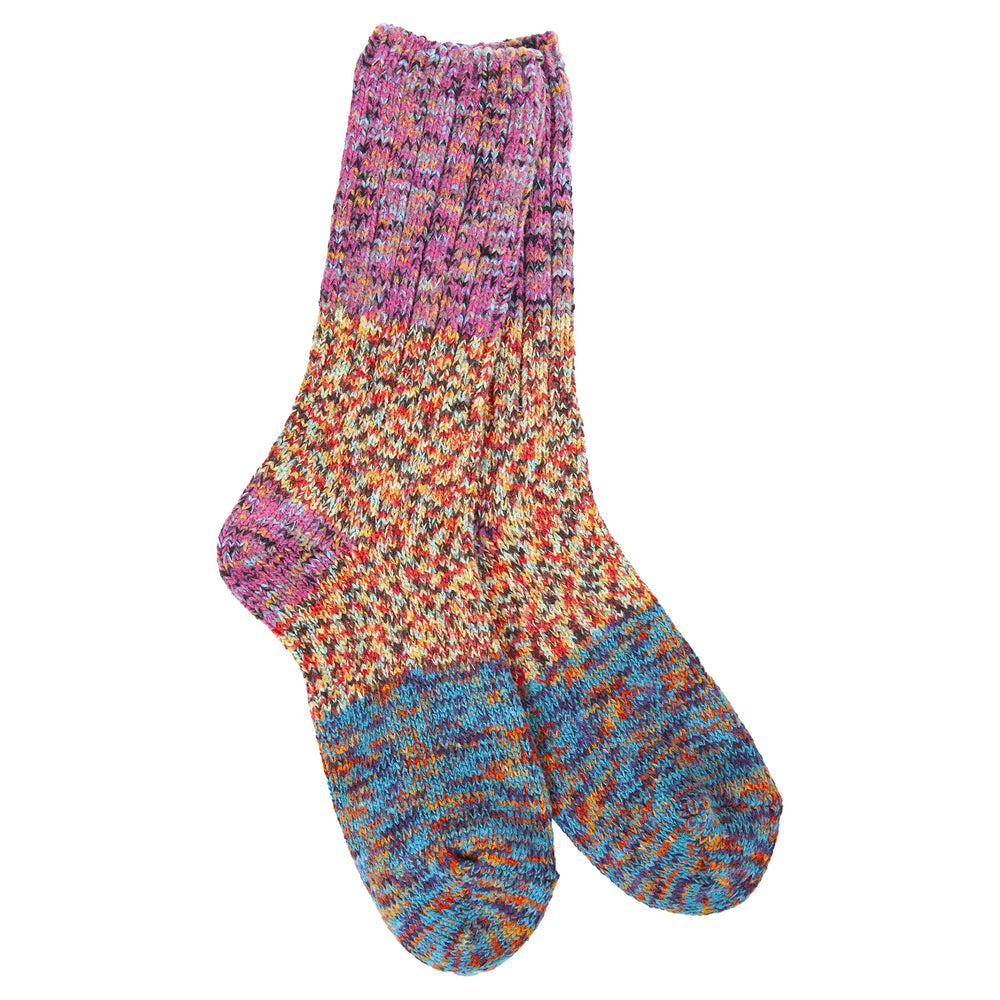 Women's fiesta multicolor ragg crew socks flat lay, pink-to-turquoise marled knit