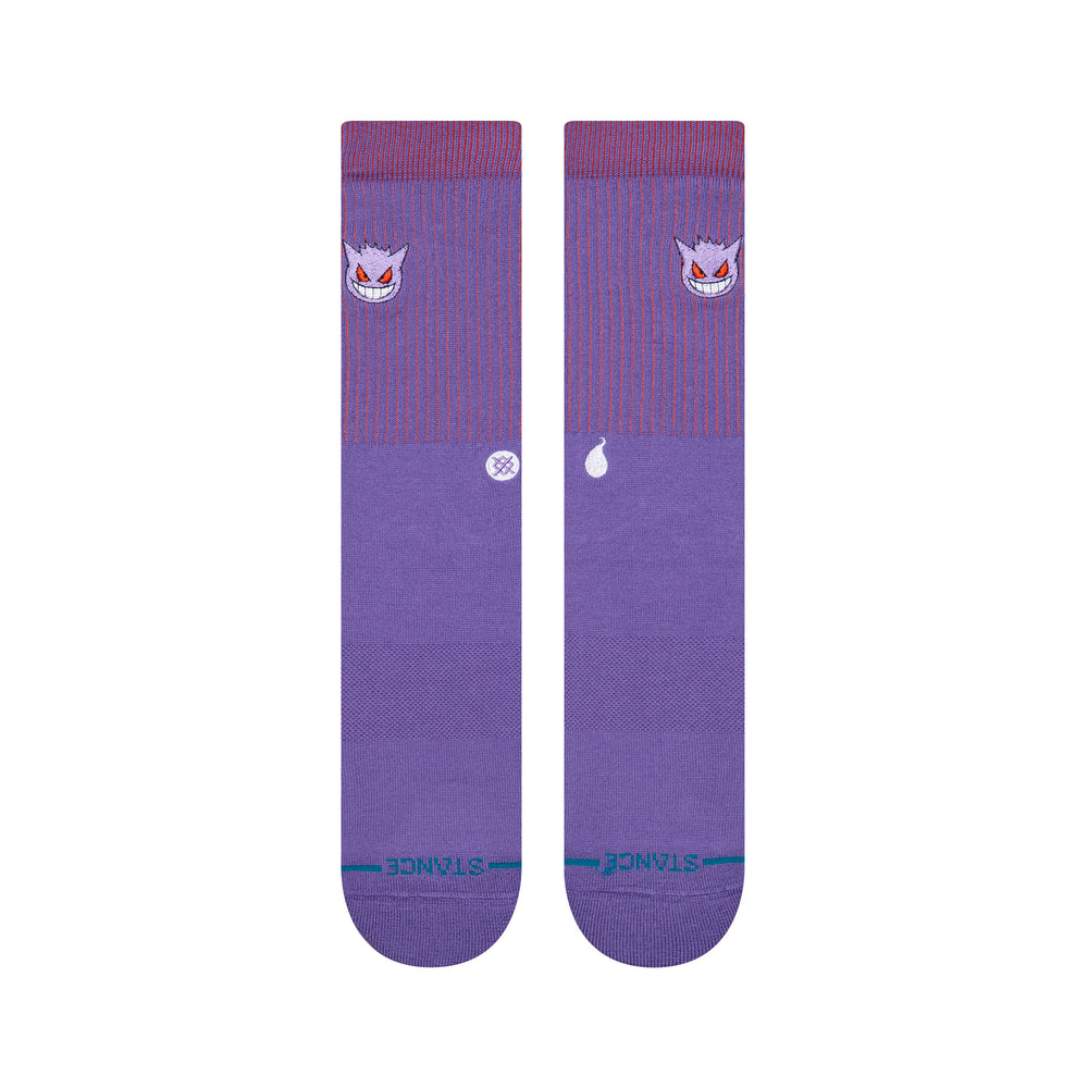 Men's Gengar purple crew socks, flat front view with red pinstripes