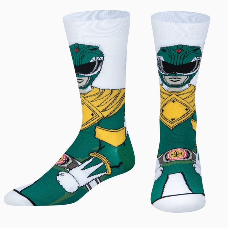 Men's Green Power Ranger 360 crew socks, flat lay alternate angle of both socks