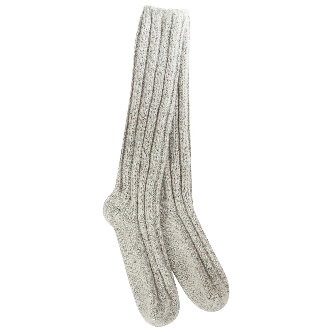 Women's grey confetti slouch crew socks in speckled heather, flat lay