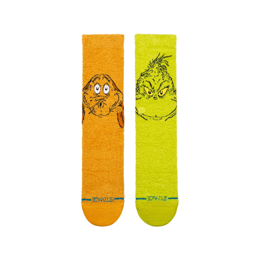 Women's Grinch and Max fuzzy crew socks, flat front view of both character faces