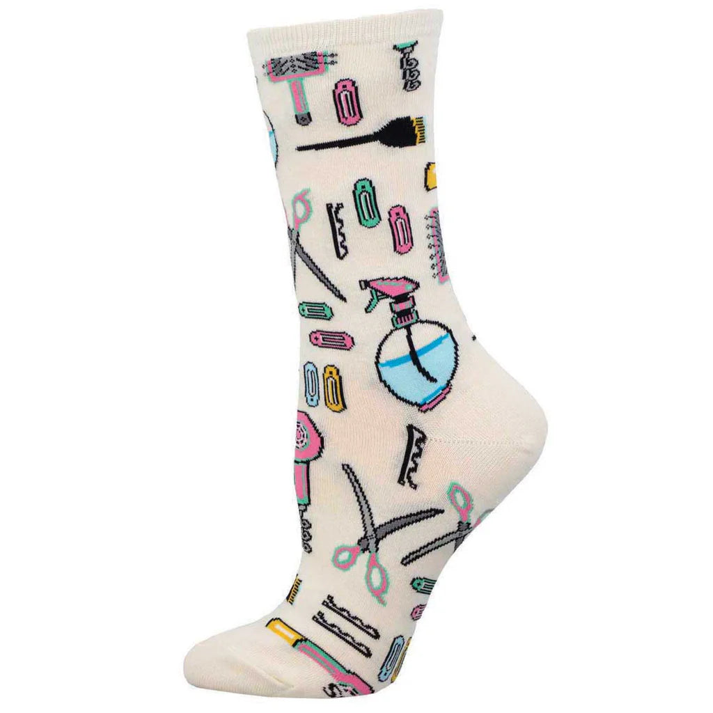 Women's hair salon tools crew sock in ivory, flat product shot