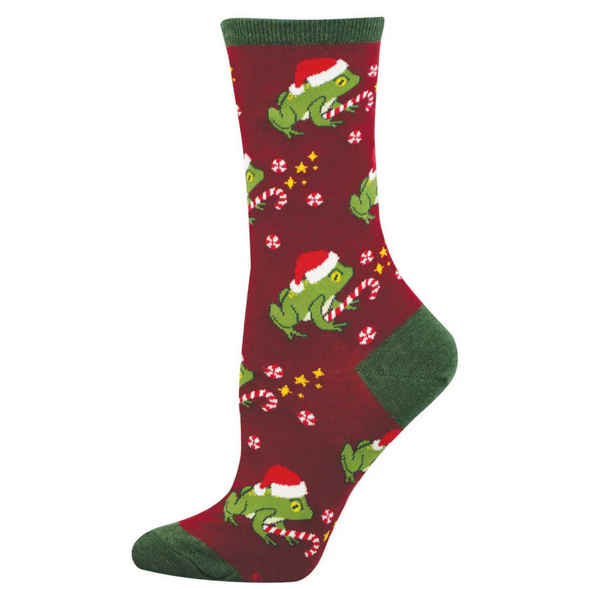Women's Christmas frog crew socks in red with Santa-hat frogs and candy canes, flat lay single sock