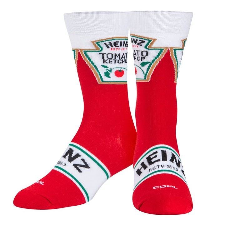 Heinz Ketchup crew socks shown front and side, displaying the keystone label and the Heinz foot band