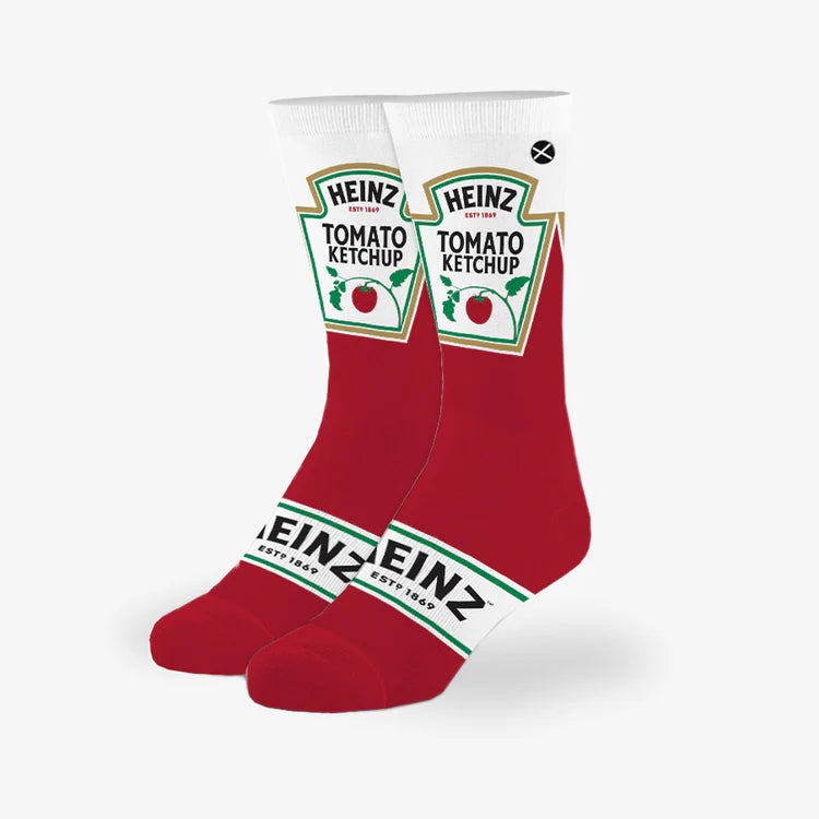 Kids' Heinz ketchup crew socks, angled view showing bottle label design