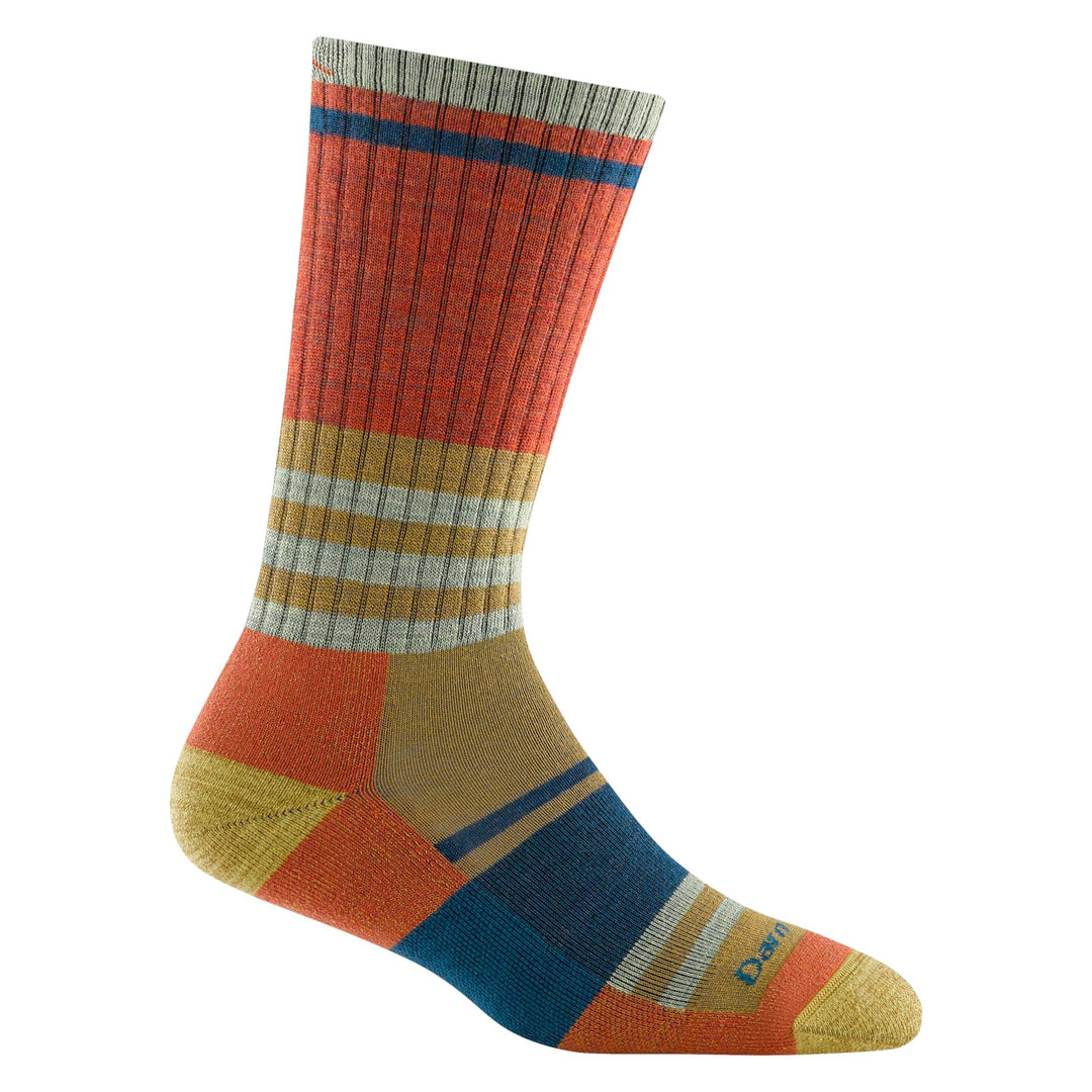 Women's sandstone striped boot sock in rust and mustard, flat side view