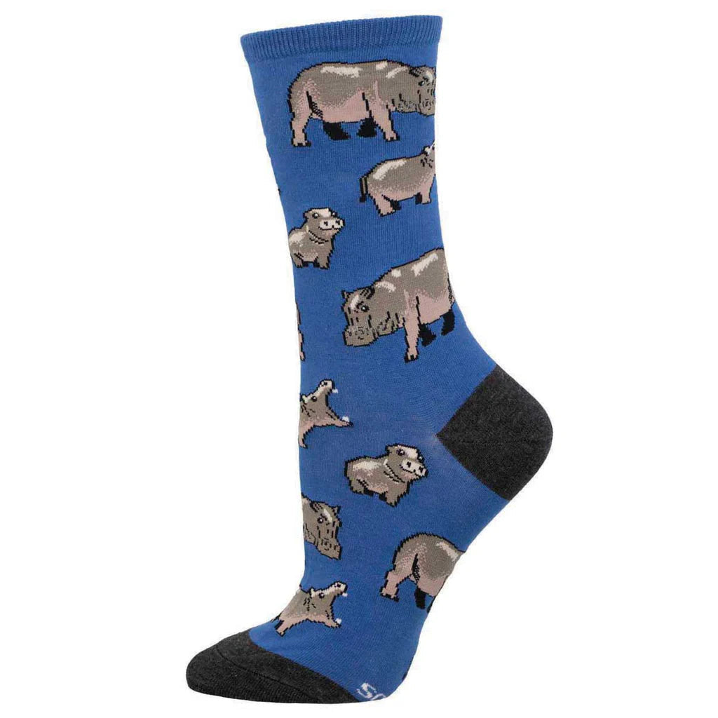 Women's hippo herd crew sock in blue, flat product shot