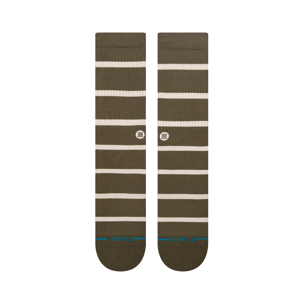 Men's olive striped crew socks shown flat, top view