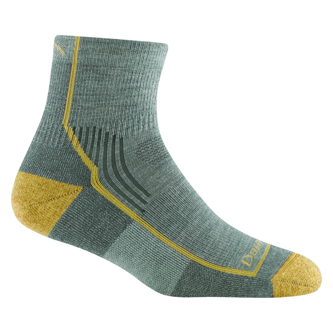 Women's sage green hiking quarter sock with mustard heel and toe, flat side view