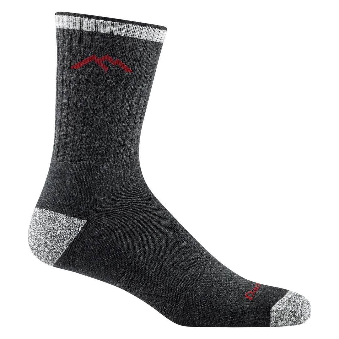 Men's midweight hiker micro crew sock, flat shot, black with white stripes and red mountain logo