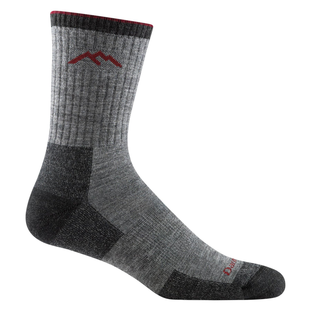 Men's midweight hiker micro crew sock, flat shot, charcoal gray with red mountain logo