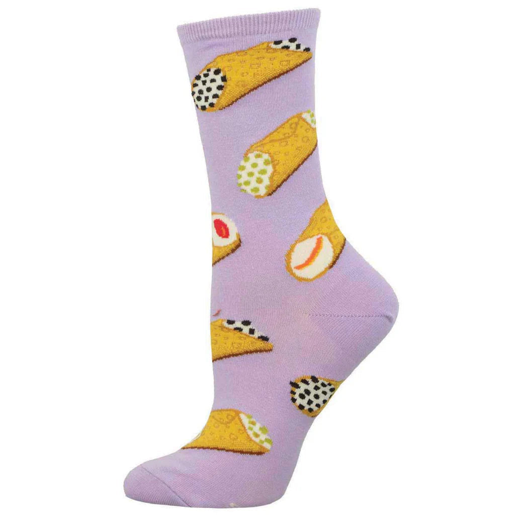 Women's cannoli pastry crew sock in lavender, flat product shot