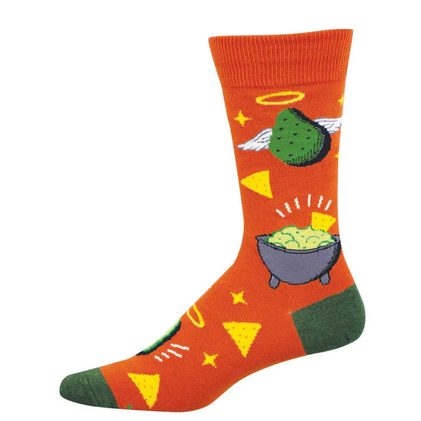 Men's guacamole crew socks flat lay in orange with winged halo avocados and a guac bowl