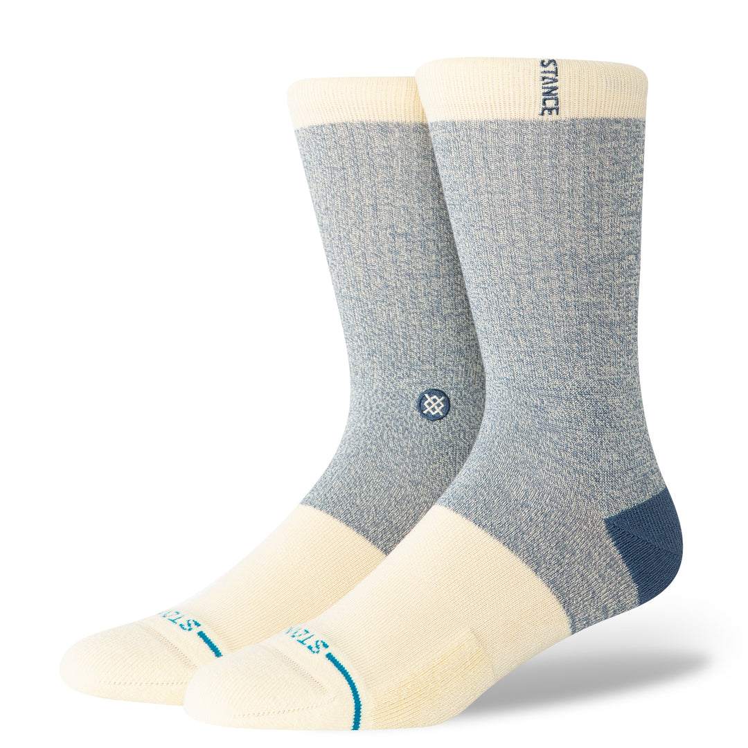 Women's indigo striped crew socks in blue, cream and tan, flat front view
