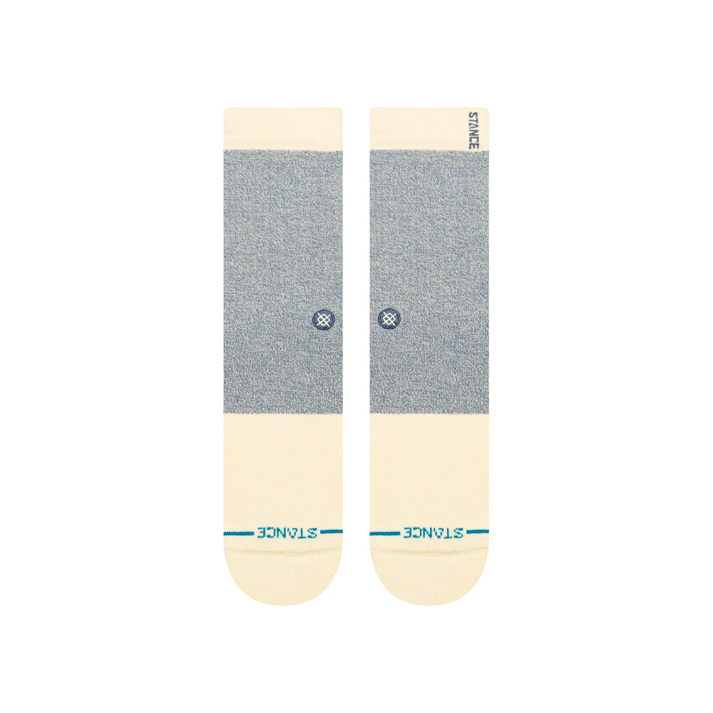Women's indigo striped crew socks, flat top-down view