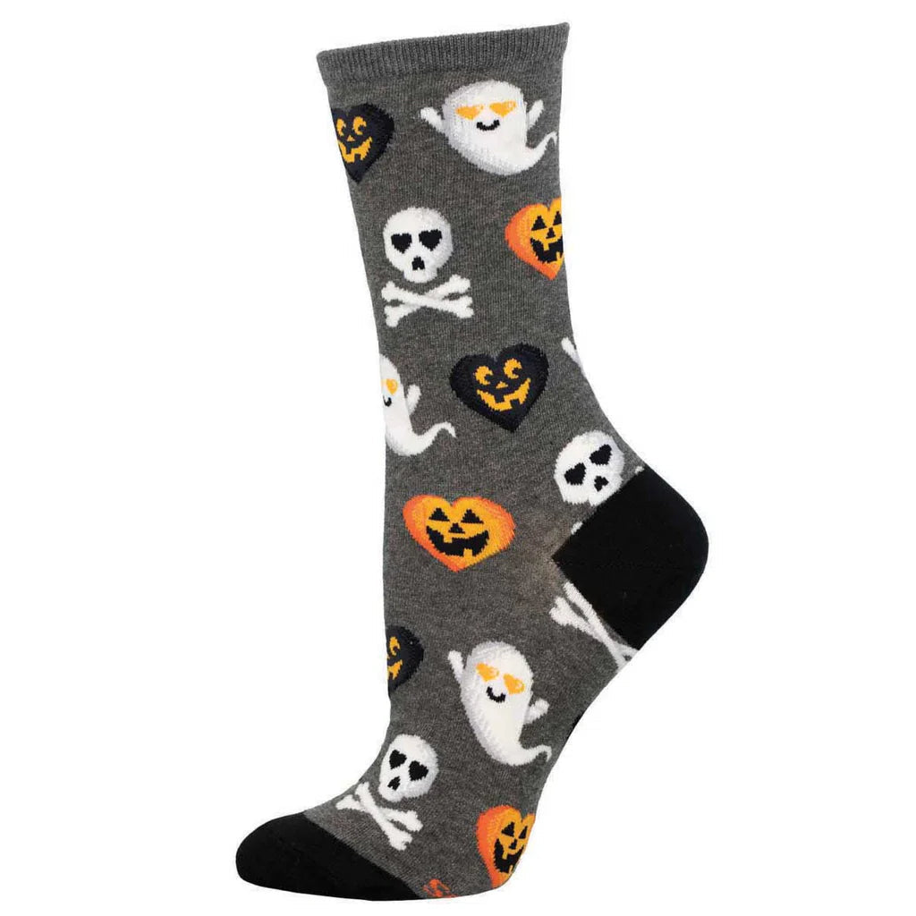 Women's Halloween crew socks in gray with ghosts and pumpkins, flat lay